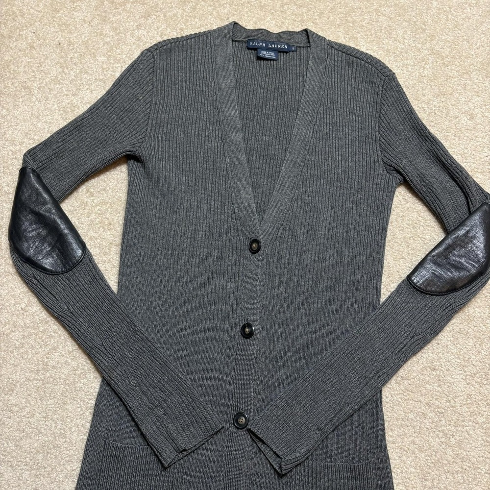 Ralph Lauren Cardigan Sweater Womens Small Gray Merino Wool Leather Elbow Patch